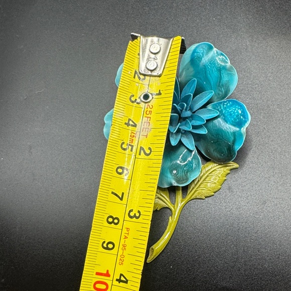 Vintage Enamel TURQUOISE Large Metal Flower Power Pin Brooch - Picture 6 of 6
